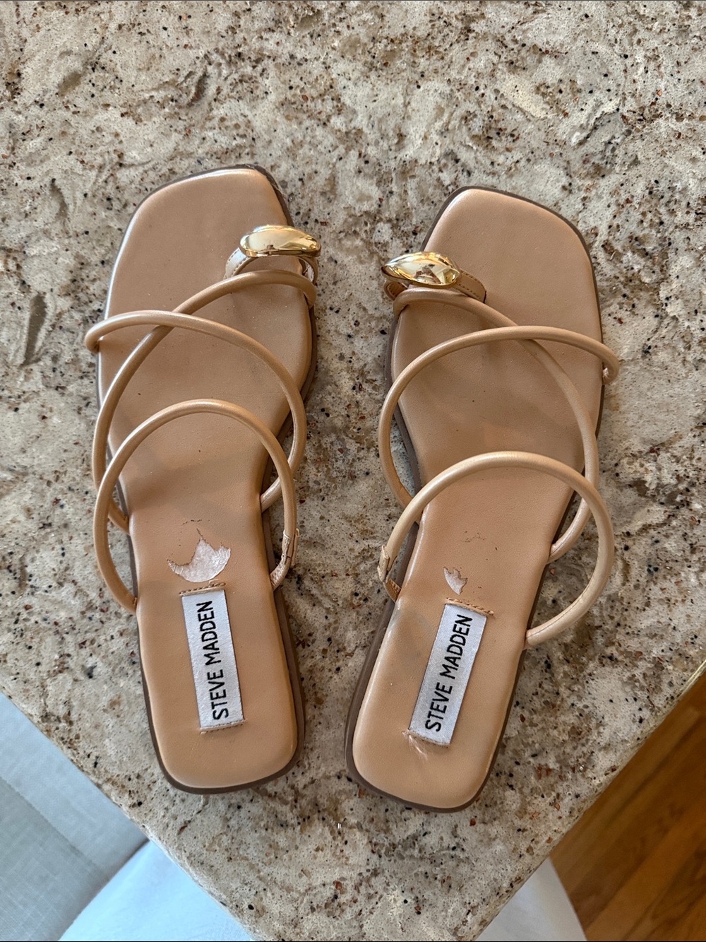 Steve Madden Tan Strappy Slide Sandals with Gold Accent